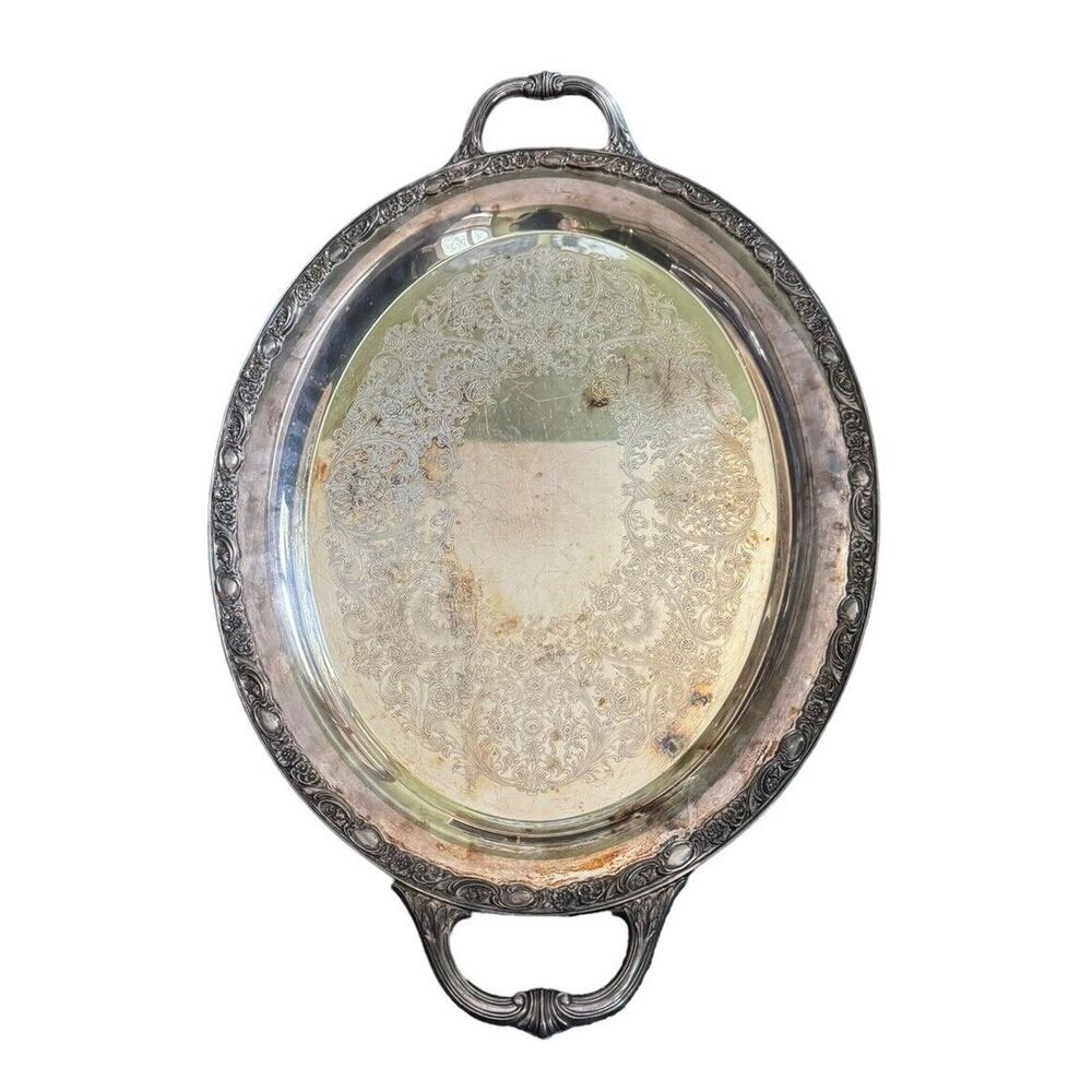 Wm Rogers & Sons Victorian Rose Tray 1981 Silverplate 24‎ Inch Two Handle VTG